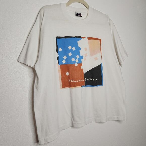 Vintage Missouri Lottery Art Boxy White Single Stitch XL 90s Artist Fruit Loom - Picture 2 of 6